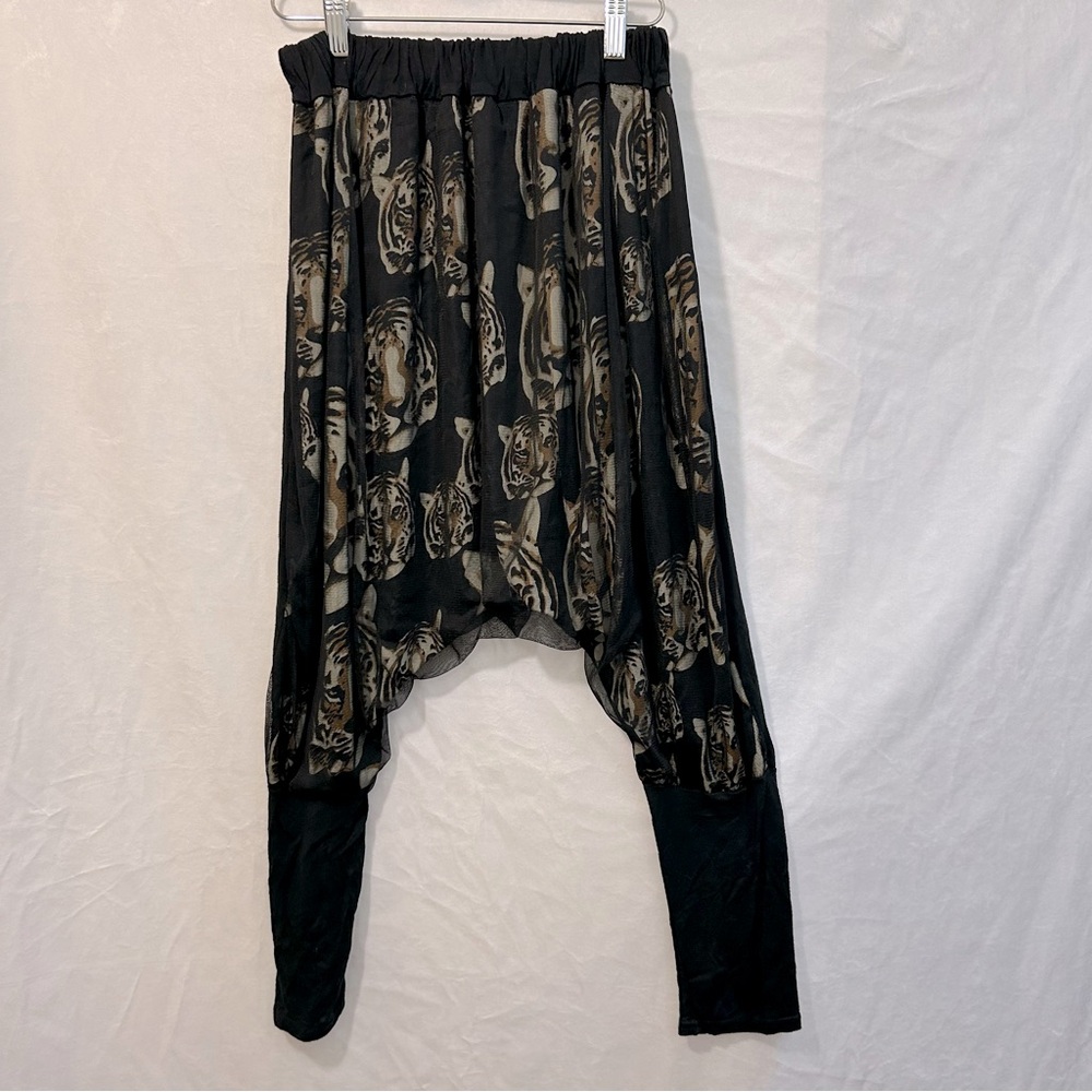 Women’s Drop Crotch Harem Boho Pants Tiger print with sheer black overlay Size S